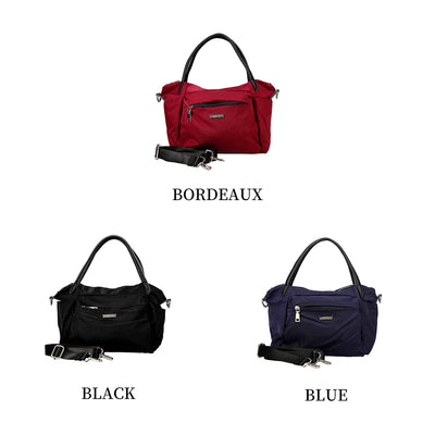 Nylon and Leather 2 Way Handbag with Metal Logo Finish and Shoulder Strap Attachment