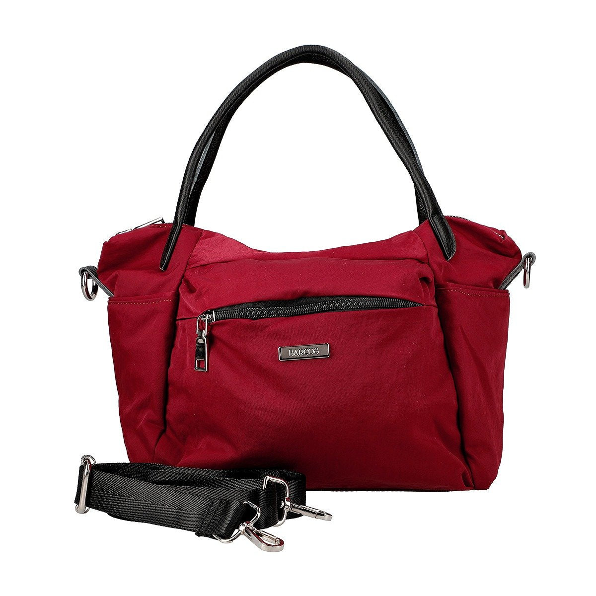 Nylon and Leather 2 Way Handbag with Metal Logo Finish and Shoulder Strap Attachment