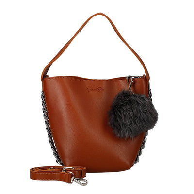 One Handle Leather Bag with Fur Charm Accessory (2 Way)