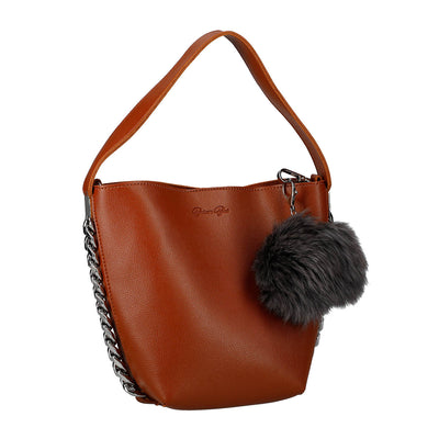 One Handle Leather Bag with Fur Charm Accessory (2 Way)